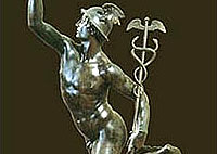 Mercurio, dios mensajero que habría<br>cambiado su lira por el caduceo<br>o bastón de la concordia<br>a su hermano Apolo